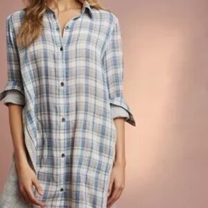 Anthropologie Saturday Sunday Muslin Blue Plaid Gauzy Tunic Shirt Dress